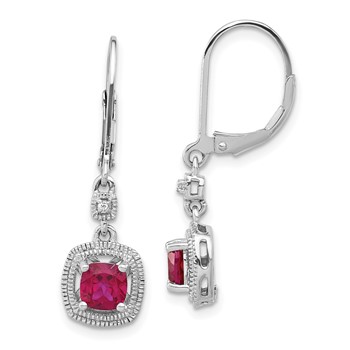Sterling Silver Cushion Created Ruby & CZ Leverback Dangle Earrings