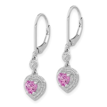 Sterling Silver Created Pink Sapphire & CZ Heart Leverback Dangle Earrings — alternate view