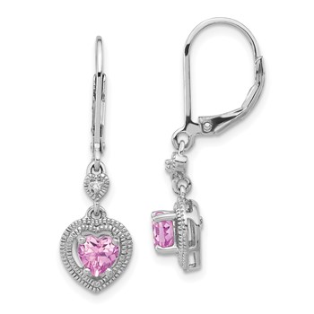 Sterling Silver Created Pink Sapphire & CZ Heart Leverback Dangle Earrings
