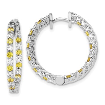 Sterling Silver Rhodium-plated Yellow & White Diamonore CZ In/Out Round Hoop Earrings