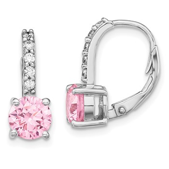 Sterling Silver Rhodium-plated Diamonore CZ Pink & White Leverback Earrings