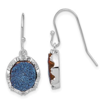 Sterling Silver Polished Blue Druzy & Diamond Oval Dangle Earrings