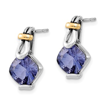 Sterling Silver and Gold-tone Lab Created Blue Stone Post Earrings — alternate view