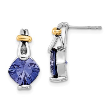 Sterling Silver and Gold-tone Lab Created Blue Stone Post Earrings