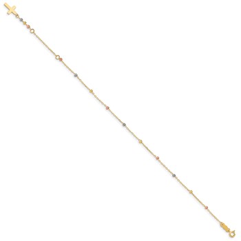 14K Tri-color Diamond-cut Beaded 7 inch Bracelet Plus 1 inch Cross Extender — alternate view