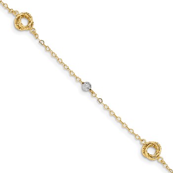 14k Two-tone Love Knots and Beads on Small Heart Link 7.5 inch Bracelet