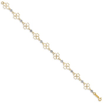 14k Two-tone Diamond-cut Open 4-Leaf Clovers and Beads 7.5 inch Bracelet — alternate view