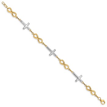 14K with White Rhodium Polished Cross and Infinity Symbol Link 7.25 inch Bracelet — alternate view