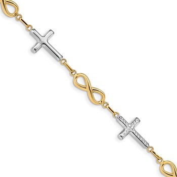 14K with White Rhodium Polished Cross and Infinity Symbol Link 7.25 inch Bracelet