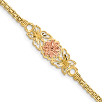 14K Two-tone Brushed and Polished Flower with Butterflies and Bismark Chain 7 inch Bracelet