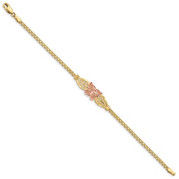 14K Two-tone Polished Diamond-cut Butterfly with Filigree and Bismark Chain 7 inch Bracelet — alternate view
