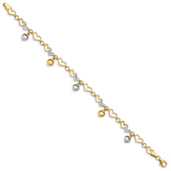 14K and White Rhodium Polished Dangles and Diamond-cut Heart Links 7.25 inch Bracelet — alternate view