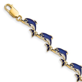 14k Blue Enameled Dolphin 7.25 inch Bracelet