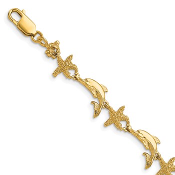 14K Polished and Textured Dolphin and Starfish 7.5 inch Bracelet