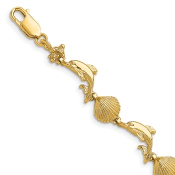 14K Polished Dolphin and Shell 7.25 inch Bracelet