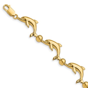 14k Polished Dolphin and Bead 7.5 inch Bracelet