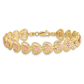 14k Two-tone Diamond-cut Hearts with Flowers 7.25 inch Bracelet — alternate view