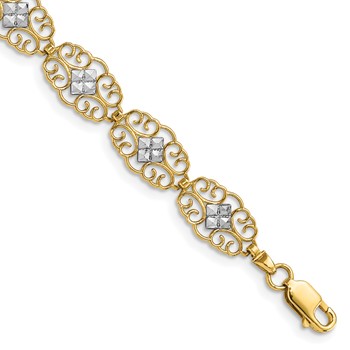 14k and White Rhodium Diamond-Cut Fancy Filigree 7.25 inch Bracelet