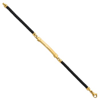 14K Polished 4mm Bar Braided Black Leather 8 inch Bracelet — alternate view