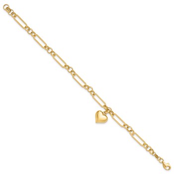 14K Polished Puffed Heart Charm Dangle Figaro Link 7.5 inch Bracelet — alternate view