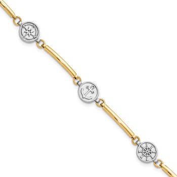 14K Two-tone Polished Compass/Anchor/Ships Wheel 7 inch Bracelet Plus 1 inch Extender