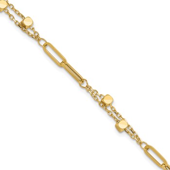 14K Polished Square Beads and Paperclip Link 7 inch Bracelet Plus 0.5 inch Extender