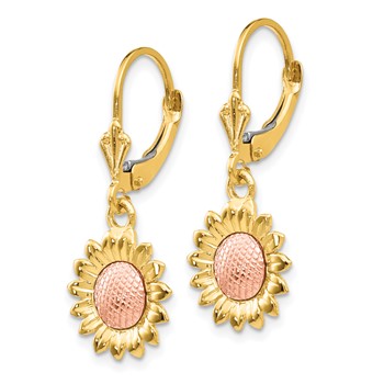 14k Two-tone Polished Sunflower Dangle Leverback Earrings — alternate view