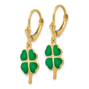14k Green Enameled Clover Dangle Leverback Earrings — alternate view