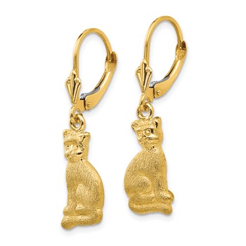 14k Satin Cat Dangle Leverback Earrings — alternate view