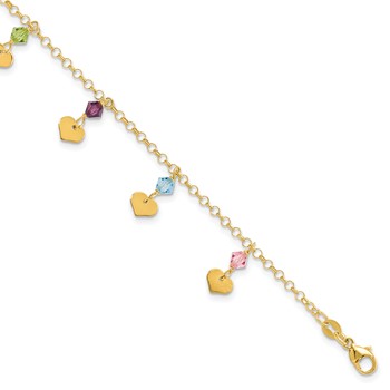 14ky Polished Dangling Hearts & CZ Fancy Bracelet