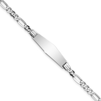 14k White Gold Polished Solid Chain/Solid Plate Figaro Link Soft Diamond Shape 24.5x7.5mm Plate 7 inch ID Bracelet