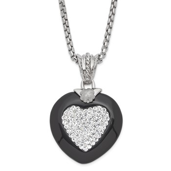 Leslie's Sterling Silver Polished & Satin Crystal & Onyx Heart Necklace