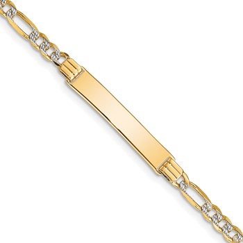 14k Polished with Rhodium Pavé Solid Chain/Solid Plate Figaro Link 25.5x5mm Plate 7 inch ID Bracelet