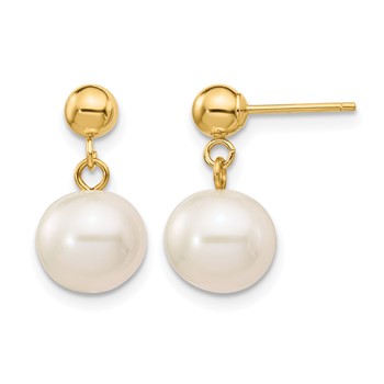 1/20 14K Gold Filled 8-8.5mm White Rnd FWC Pearl Post Dangle Earrings