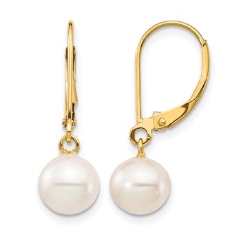 1/20 14K Gold Filled 7-8mm White Round FWC Pearl Leverback Earrings