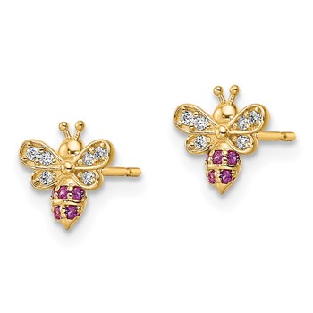 14k Madi K Clear and Red CZ Bee Childrens Post Earrings — alternate view
