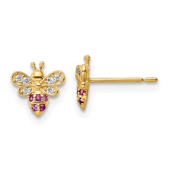 14k Madi K Clear and Red CZ Bee Childrens Post Earrings