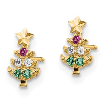 14k Madi K Red CZ/Clear CZ/Green Glass Christmas Tree Childrens Post Earrings — alternate view