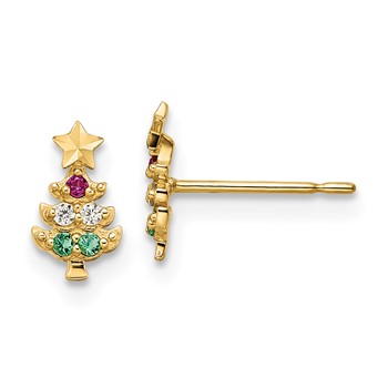 14k Madi K Red CZ/Clear CZ/Green Glass Christmas Tree Childrens Post Earrings