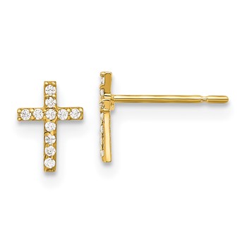 14k Madi K Polished CZ Cross Childrens Post Earrings