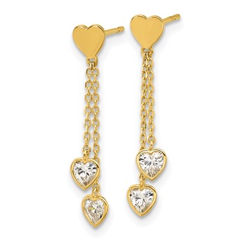14k Madi K Polished CZ Hearts Post Dangle Childrens Post Earrings — alternate view