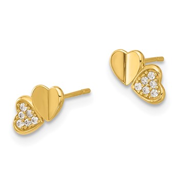 14k Madi K Polished CZ Double Hearts Childrens Post Earrings — alternate view