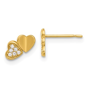 14k Madi K Polished CZ Double Hearts Childrens Post Earrings