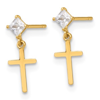 14k Madi K Polished CZ Cross Childrens Dangle Post Earrings — alternate view
