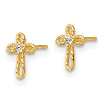 14k Madi K Polished and Twisted CZ Cross Childrens Post Earrings — alternate view