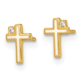 14k Madi K Polished White Enameled CZ Cross Childrens Post Earrings — alternate view