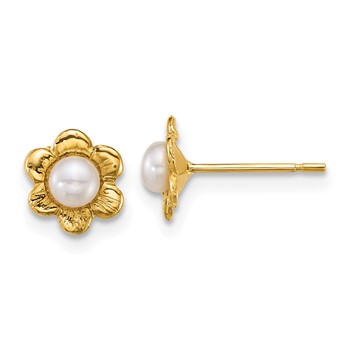 14k Madi K Polished 3-4mm Button White Freshwater Cultured Pearl Flower Childrens Post Earrings