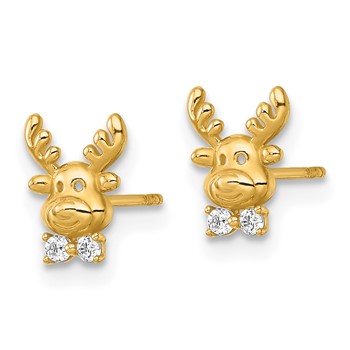 14k Madi K Polished CZ Reindeer Childrens Post Earrings — alternate view
