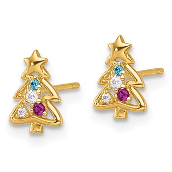 14k Madi K Polished Lab Created Ruby and CZ Christmas Tree Childrens Post Earrings — alternate view