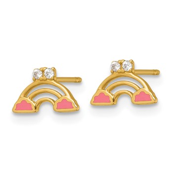 14k Madi K Polished Pink Enamel and CZ Rainbow Childrens Post Earrings — alternate view